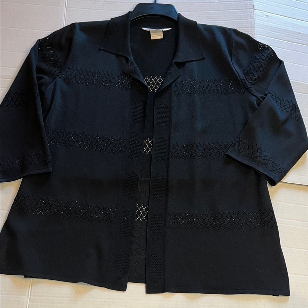 Misook-M-black-3/4 sleeve, split hemline, open front, classic, cardigan sweater.